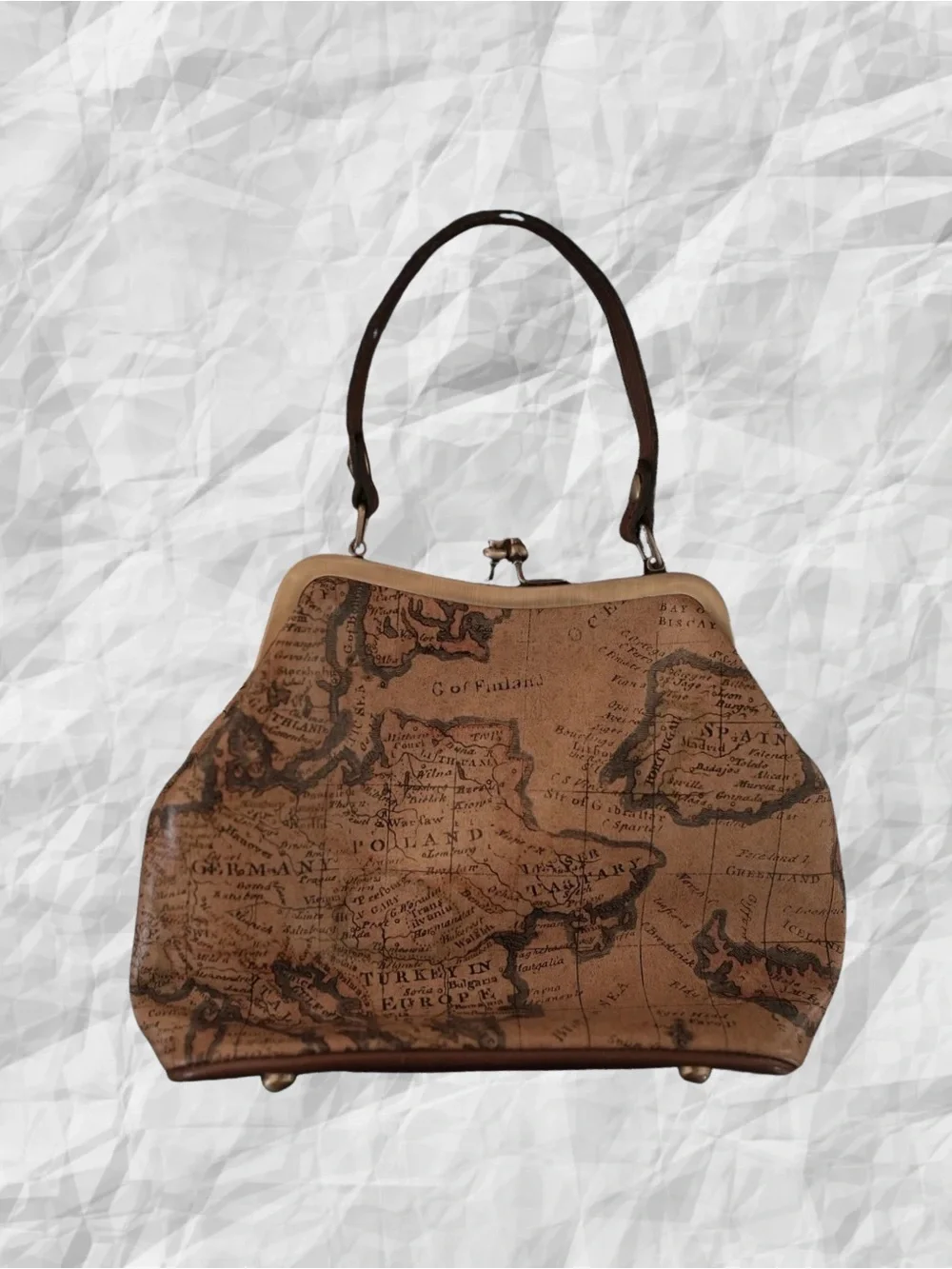Patricia Nash Vintage Map Print Leather Frame Kiss Lock Top Handle Satchel Purse